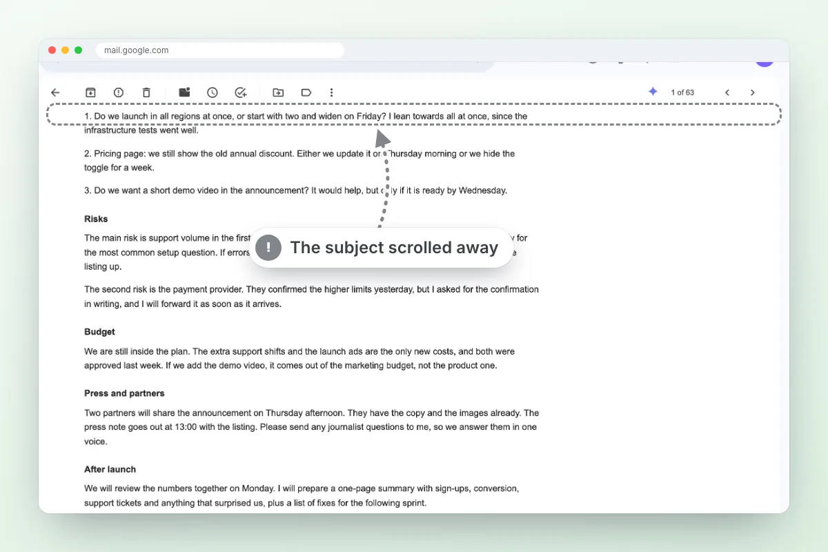 Gmail Default: a scrolled Gmail message where the subject and sender have scrolled out of view, leaving only the toolbar above the text
