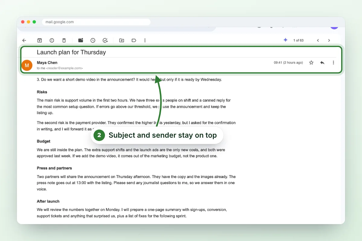 Structured: the same scrolled message with the subject Launch plan for Thursday and the sender Maya Chen kept on top in lined sections