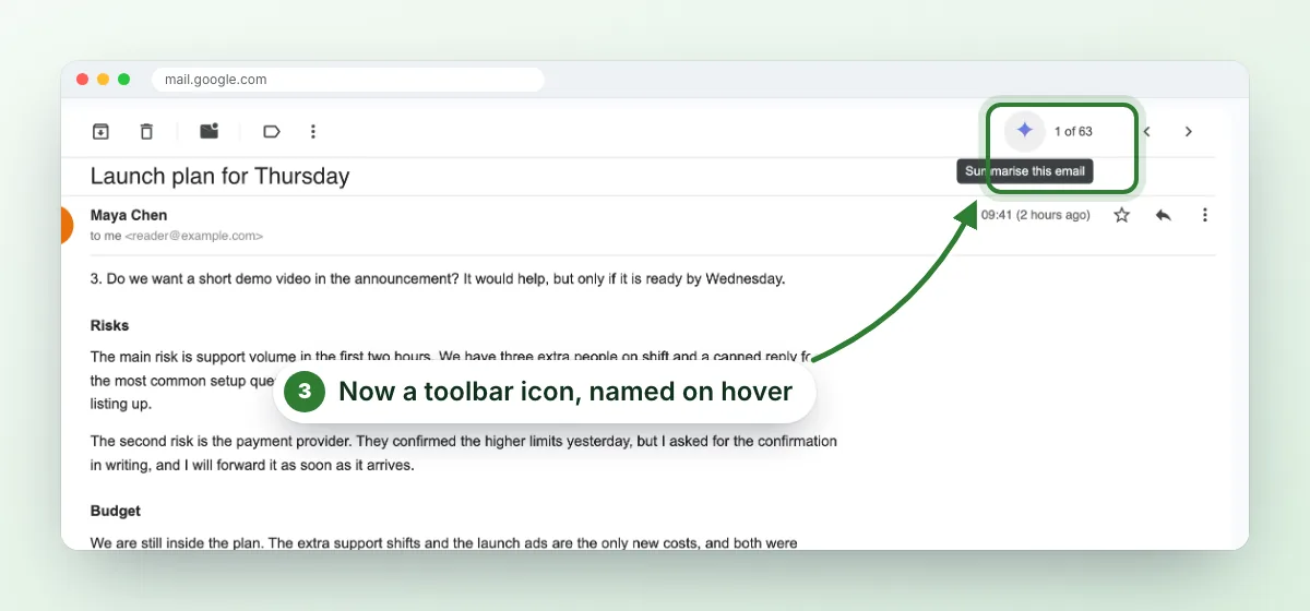 With Clean Gmail, annotated: an arrow points to the small spark icon next to the message counter. Label: Now a toolbar icon, named on hover.