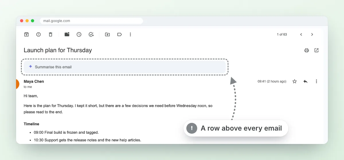 Gmail as it ships, annotated: a wide Summarise this email button sits between the subject and the message. Label: A row above every email.
