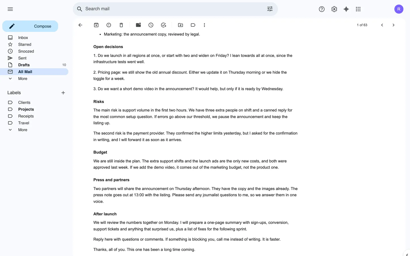 The same message in Gmail as it ships: the subject and sender have scrolled out of view and the toolbar shows every button