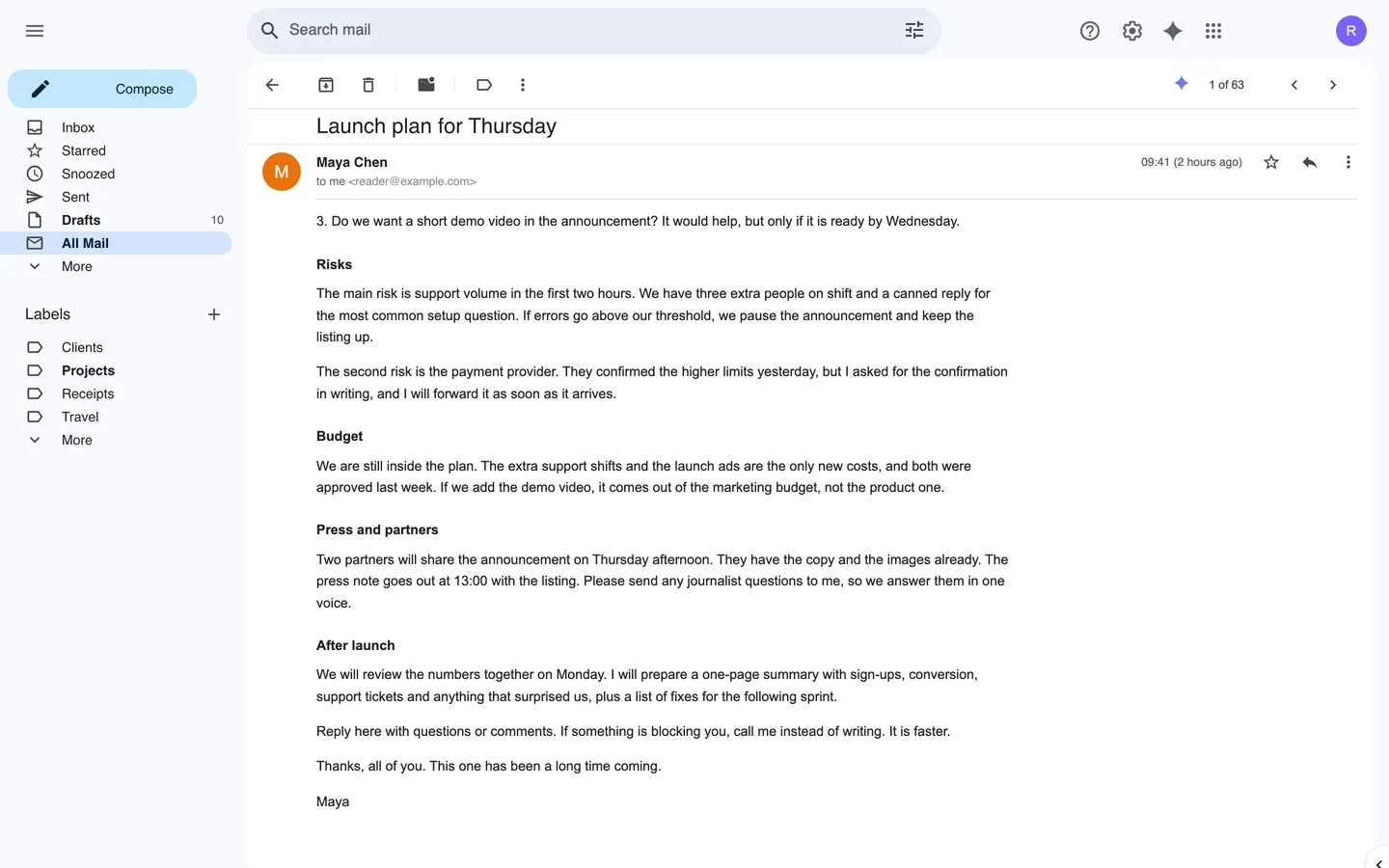 A scrolled Gmail message with Clean Gmail: subject and sender pinned at the top, a shorter toolbar