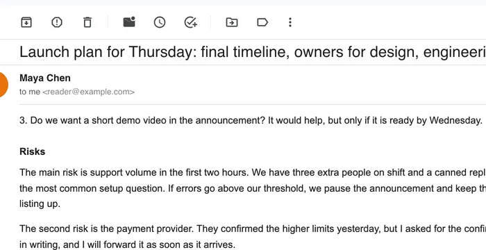 The Structured header set to one subject line, above the scrolled message