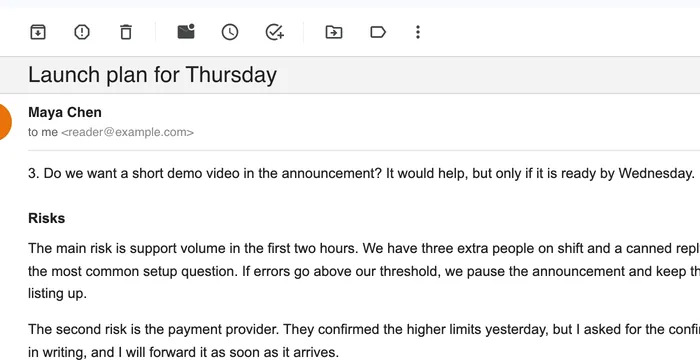 The Structured header with the subject on the light grey background Gmail uses for read mail