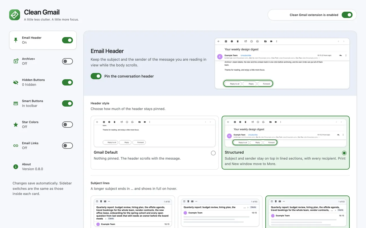 The Clean Gmail settings page, with a card for each feature and a switch in the sidebar for each one