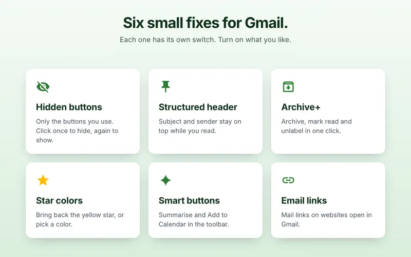 Store screenshot reading “Six small fixes for Gmail. Each one has its own switch. Turn on what you like.”, with six cards: Hidden buttons, Structured header, Archive+, Star colors, Smart buttons and Email links