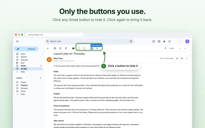 Store screenshot reading “Only the buttons you use. Click any Gmail button to hide it. Click again to bring it back.”, showing Gmail’s toolbar in select mode