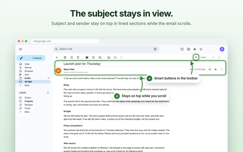 Store screenshot reading “The subject stays in view. Subject and sender stay on top in lined sections while the email scrolls.”, with the pinned header and the smart button in the toolbar outlined