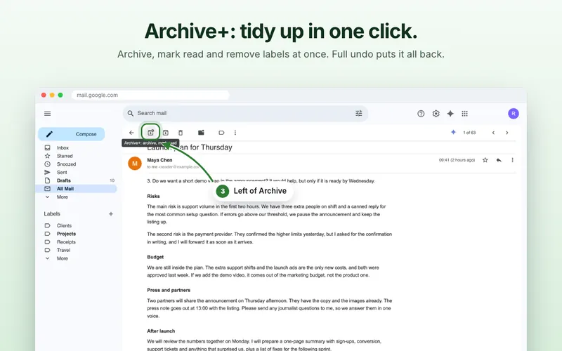 Store screenshot reading “Archive+: tidy up in one click. Archive, mark read and remove labels at once. Undo puts it all back.”, with the Archive+ button outlined to the left of Archive