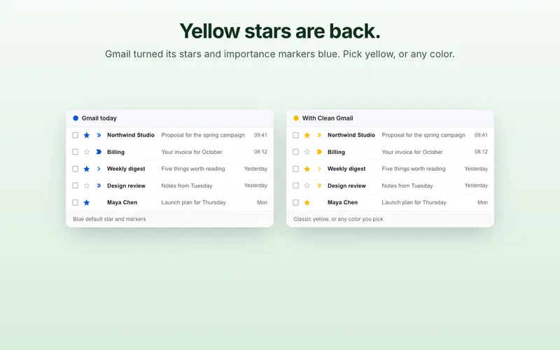 Store screenshot reading “Yellow stars are back. Gmail turned its stars and importance markers blue. Pick yellow, or any color.”, with the same inbox shown in blue and in yellow