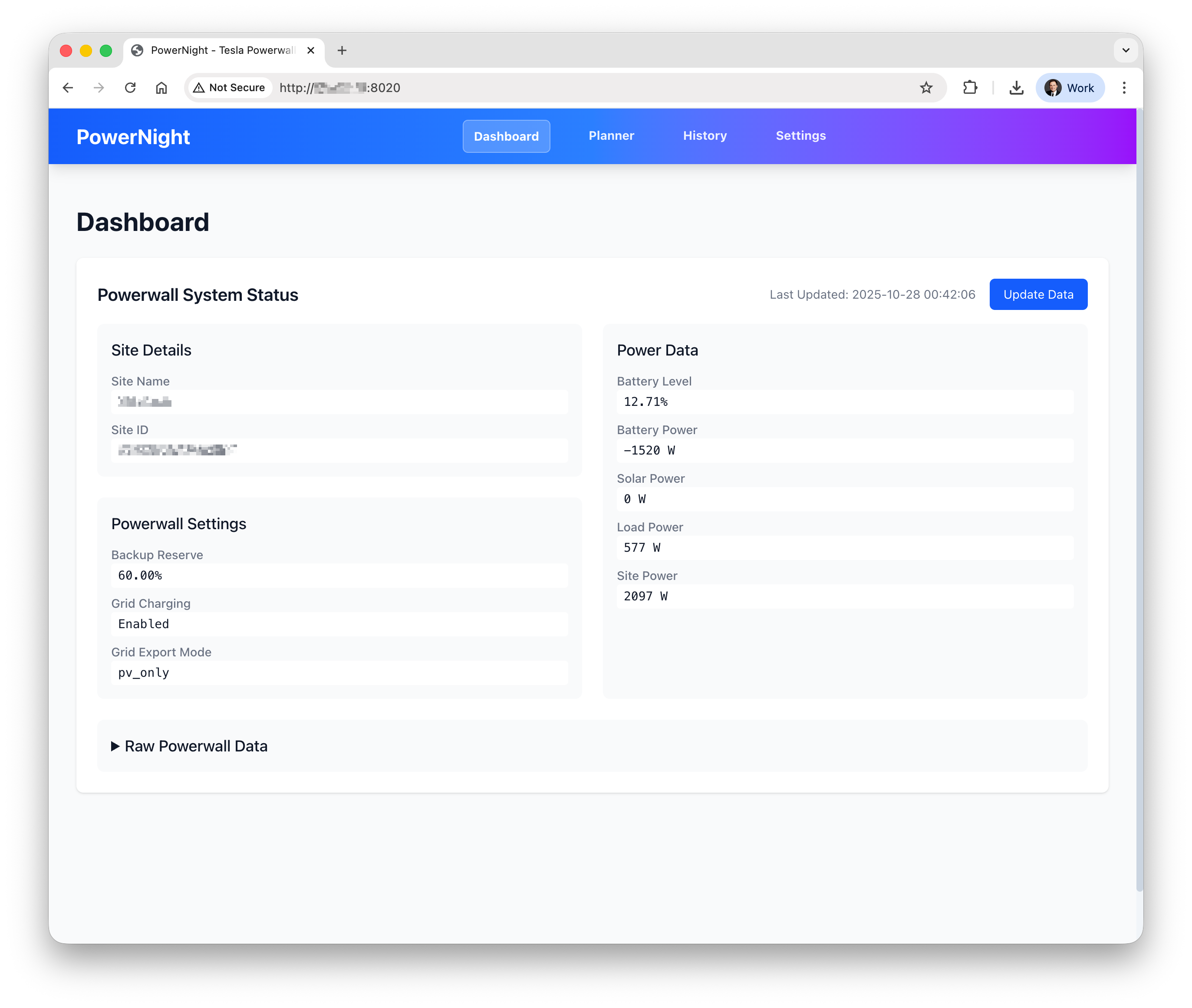 PowerNight dashboard showing Tesla Powerwall status